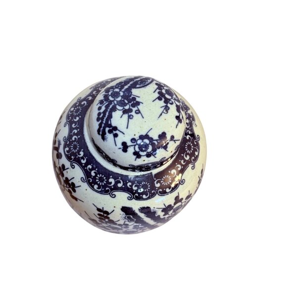 Japanese Ceramic Ginger Jar Pottery Lid VTG Blue Floral Cherry Blossom Storage - Picture 6 of 14